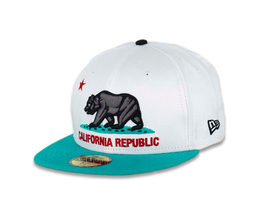 California Republic New Era 59FIFTY 5950 Fitted Cap Hat White Crown Teal Visor Teal/Black/Red Logo