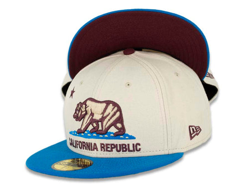 California Republic New Era 59FIFTY 5950 Fitted Cap Hat Stone White Crown Blue Visor Brown/Stone White/Blue Bear Logo