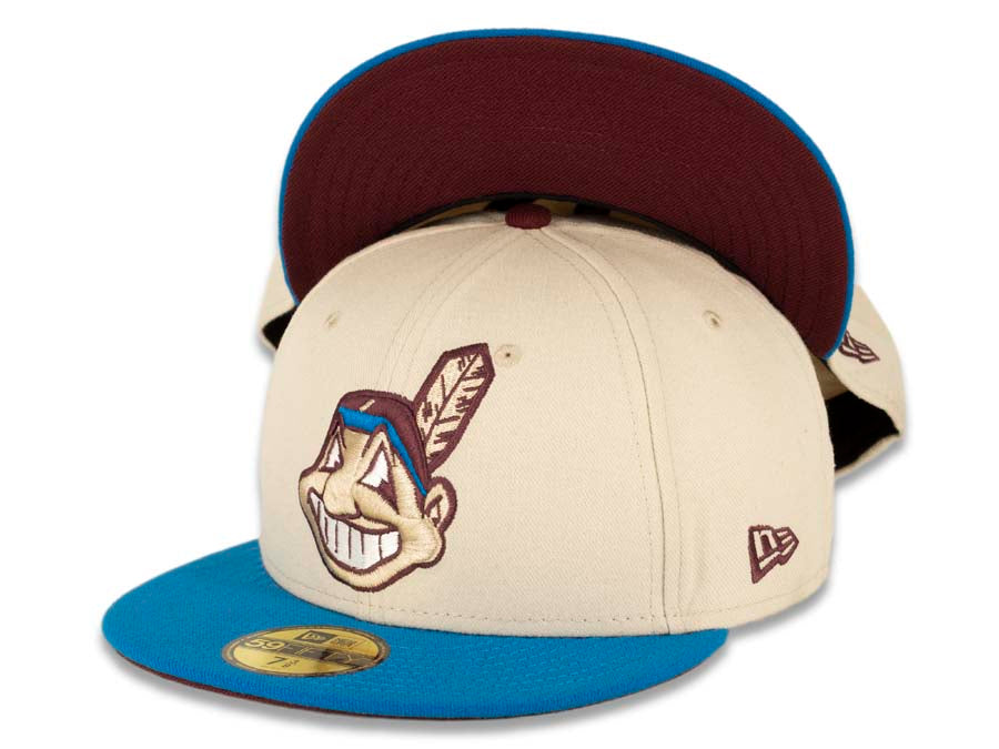Cleveland Indians New Era MLB 59FIFTY 5950 Fitted Cap Hat White Crown Blue Visor Blue/White/Maroon Chief Wahoo Logo Maroon UV