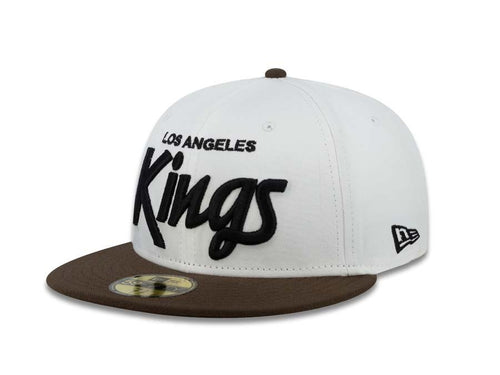Los Angeles Kings New Era NHL 59FIFTY 5950 Fitted Cap Hat White Crown Brown Visor Brown Scirpt Logo 
