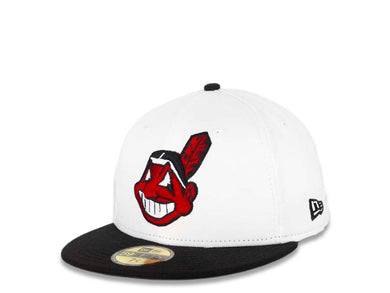 Cleveland Indians New Era MLB 59FIFTY 5950 Fitted Cap Hat White Crown Black Visor Red/WhiteBlack Chief Wahoo Logo