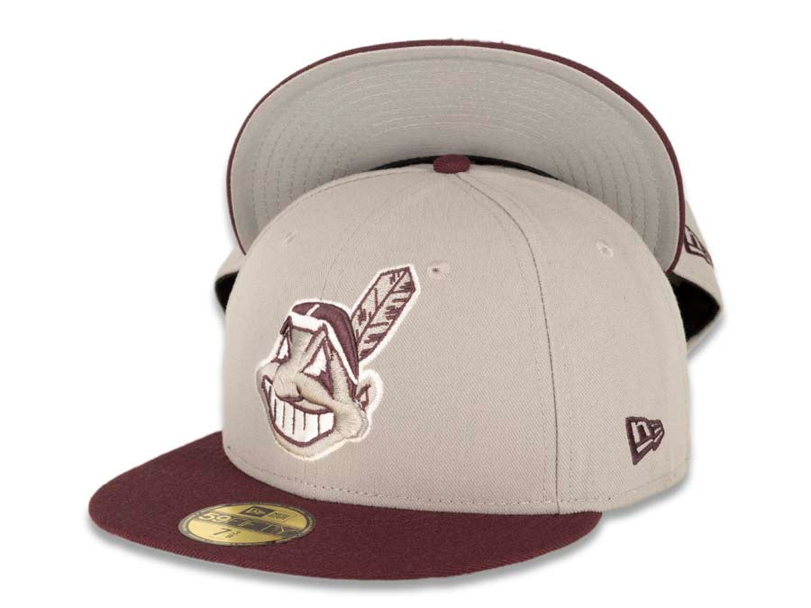 Cleveland Indians New Era MLB 59FIFTY 5950 Fitted Cap Hat Gray Crown Maroon Visor Gray/Maroon/White Chief Wahoo Logo