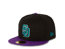 Load image into Gallery viewer, San Diego Padres New Era MLB 59FIFTY 5950 Fitted Cap Hat Black Crown Purple Visor Teal/White Logo
