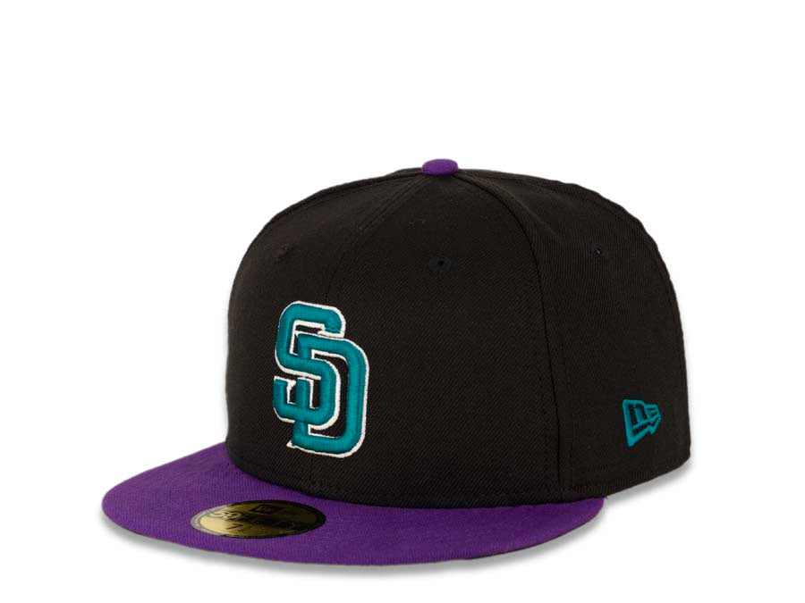 San Diego Padres New Era MLB 59FIFTY 5950 Fitted Cap Hat Black Crown Purple Visor Teal/White Logo