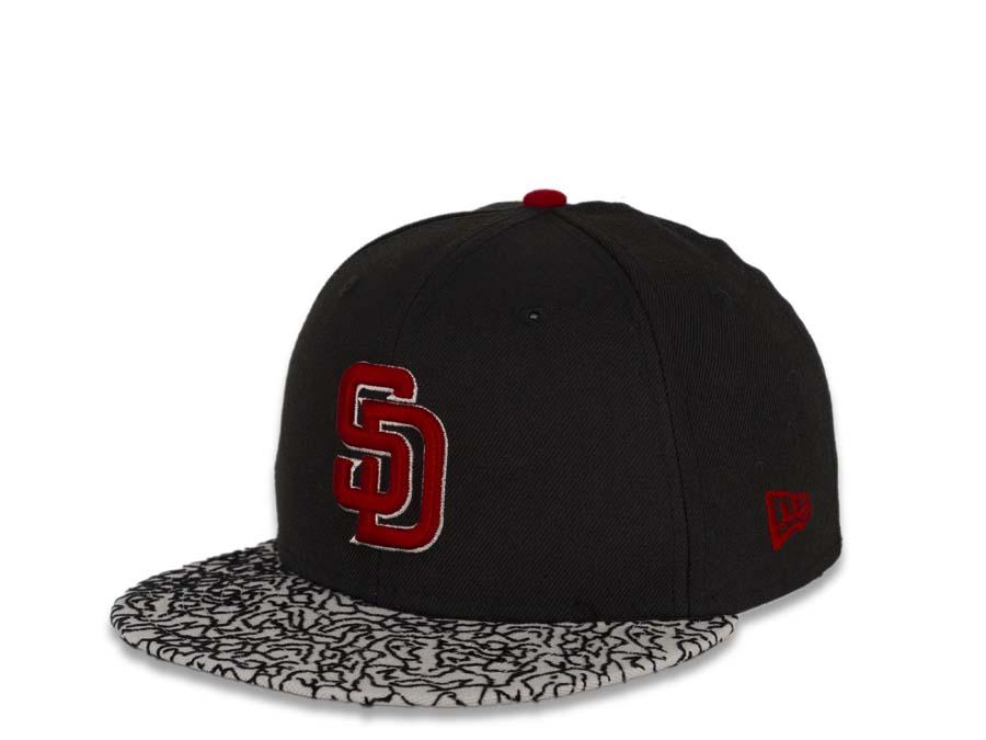 San Diego Padres New Era MLB 59FIFTY 5950 Fitted Cap Hat Black Crown Gray Elephant Print Visor Red/White Logo
