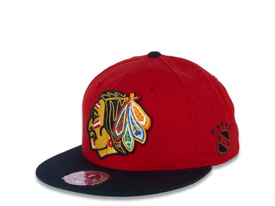 Chicago Blackhawks Mitchell & Ness NHL Fitted Cap Hat Red Crown Black Visor Big Large Team Color Logo 