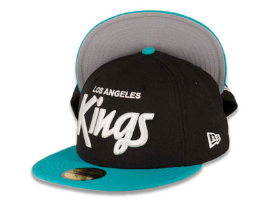 Los Angeles Kings New Era NHL 59FIFTY 5950 Fitted Cap Hat Black Crown Teal Visor White “Text” Logo 