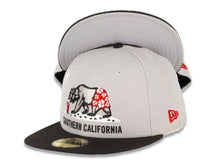 Load image into Gallery viewer, Sothern California Bear New Era 59FIFTY 5950 Fitted Cap Hat Gray Crown Black Visor Gray/Red/Black Drinking Bear in Shorts Logo
