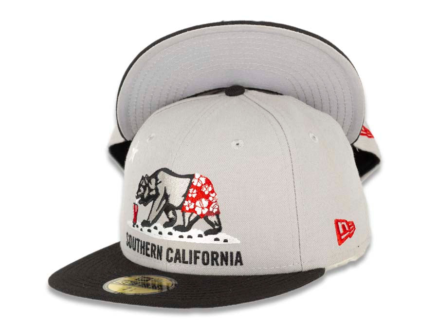 Sothern California Bear New Era 59FIFTY 5950 Fitted Cap Hat Gray Crown Black Visor Gray/Red/Black Drinking Bear in Shorts Logo