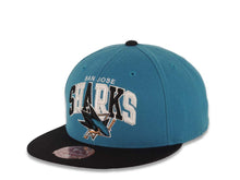 Load image into Gallery viewer, San Jose Sharks New Era NHL 59FIFTY 5950 Fitted Cap Hat Teal Crown Black Visor Team Color Arch Triangle Text Logo
