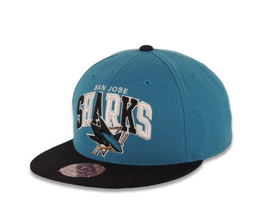 San Jose Sharks New Era NHL 59FIFTY 5950 Fitted Cap Hat Teal Crown Black Visor Team Color Arch Triangle Text Logo