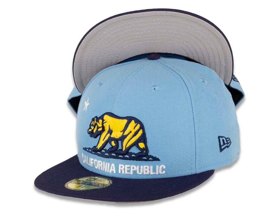 California Republic New Era 59FIFTY 5950 Fitted Cap Hat Sky Blue Crown Navy Visor Yellow/Navy/White Bear Logo