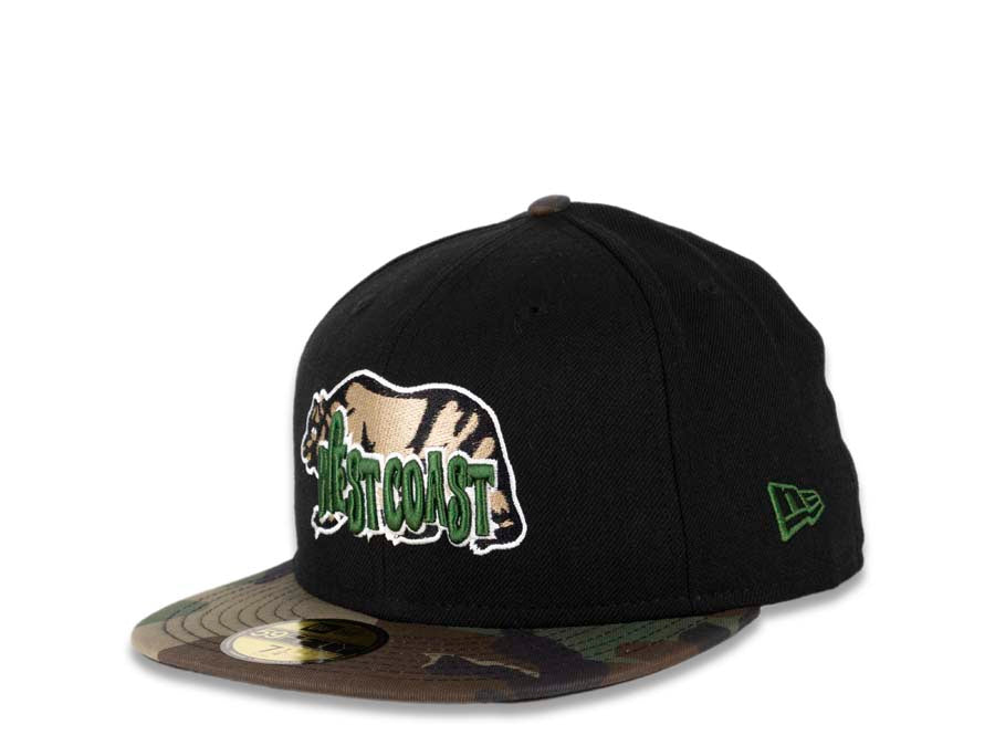 West Coast Bear New Era 59FIFTY 5950 Fitted Cap Hat Black Crown Camo Visor Beige/Black/Green/White Bear Logo
