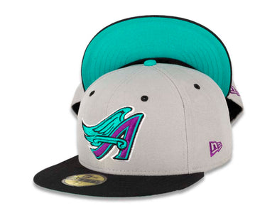 Los Angeles Anaheim Angels New Era MLB 59FIFTY 5950 Fitted Cap Hat Gray Crown Black Visor Magenta/Teal/Black Cooperstown Wings Logo