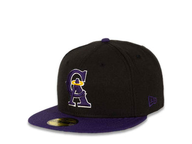 Los Angeles Anaheim Angels New Era MLB 59FIFTY 5950 Fitted Cap Hat Black Crown Purple Visor Purple/Yellow/White Cooperstown CA Logo