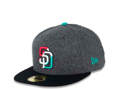 San Diego Padres New Era MLB 59FIFTY 5950 Fitted Cap Hat Melton Dark Gray Crown Black Visor Pink/White/Teal Diagonal Logo
