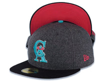 Load image into Gallery viewer, Los Angeles Anaheim Angels New Era MLB 59FIFTY 5950 Fitted Melton Cap Hat Dark Gray Crown Black Visor Teal/White/Magenta Logo Pink UV
