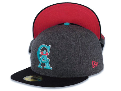 Los Angeles Anaheim Angels New Era MLB 59FIFTY 5950 Fitted Melton Cap Hat Dark Gray Crown Black Visor Teal/White/Magenta Logo Pink UV