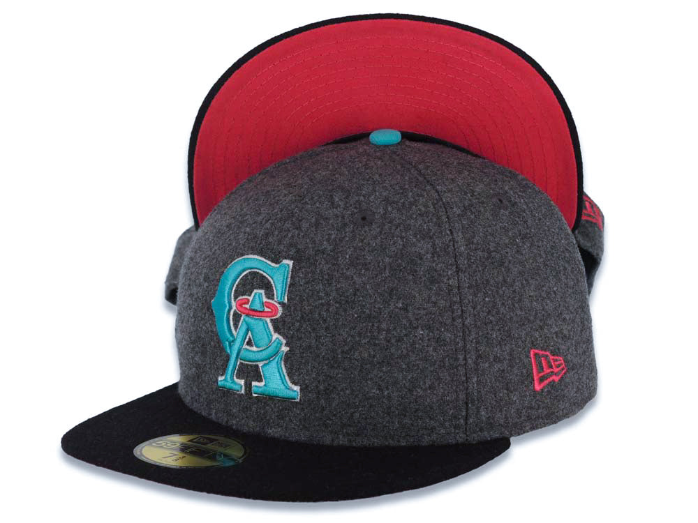 Los Angeles Anaheim Angels New Era MLB 59FIFTY 5950 Fitted Melton Cap Hat Dark Gray Crown Black Visor Teal/White/Magenta Logo Pink UV