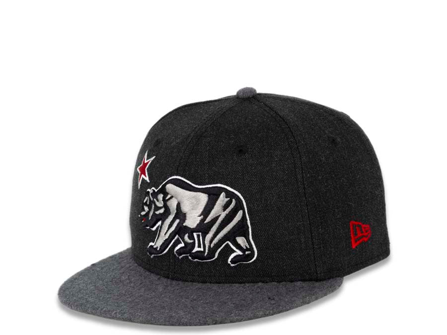 California Republic New Era 59FIFTY 5950 Fitted Cap Hat Black Heather Crown Dark Gray Melton Visor Gray/Black/White/Red Bear Logo