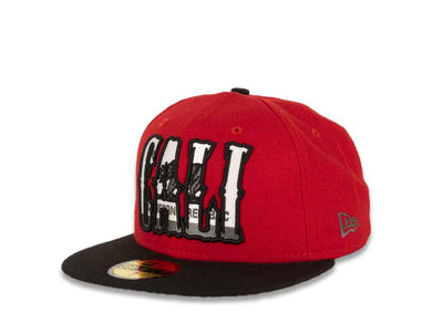 CALI CALIfornia New Era 59FIFTY 5950 Fitted Cap Hat Red Crown Black Visor Dark Gray/Black/White California Flag Inside CALI Block Logo