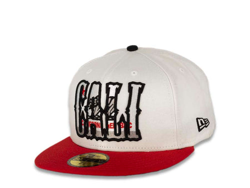CALI CALIfornia New Era 59FIFTY 5950 Fitted Cap Hat White Crown Red Visor White/Black/Gray/Red California Flag Inside CALI Block Logo