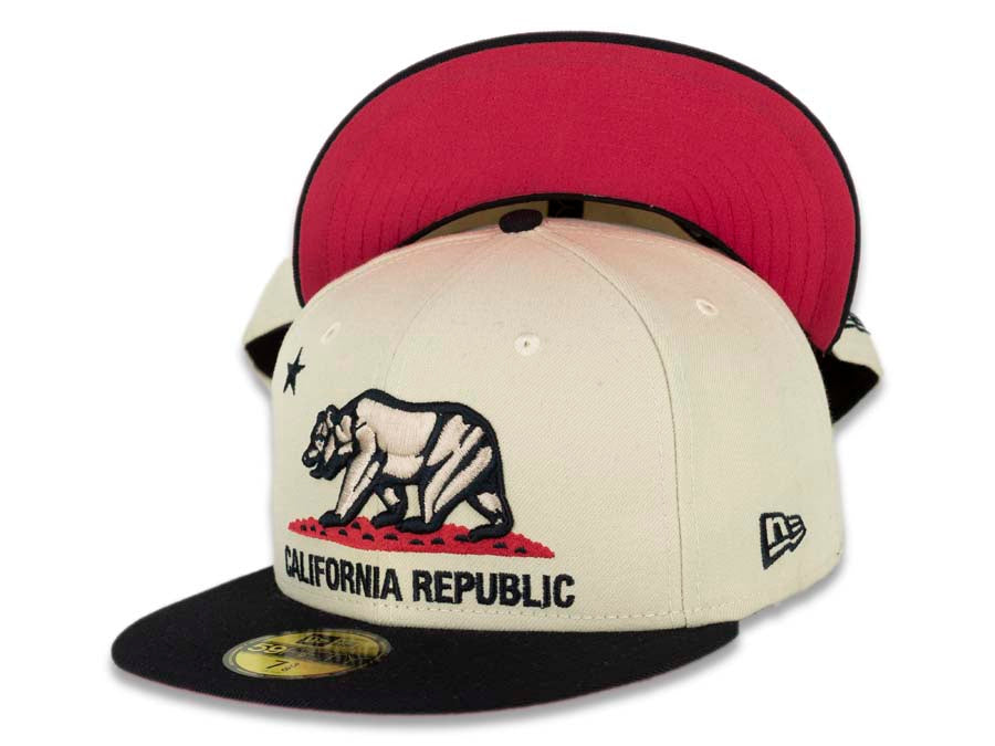 California Republic New Era 59FIFTY 5950 Fitted Cap Hat Stone White Crown Black Visor Stone White/Black/Red Bear Logo