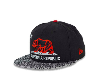 California Republic New Era 59FIFTY 5950 Fitted Cap Hat Black Crown Elephant Print Gray Visor Red/Gray/White Logo Cali Bear
