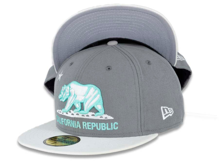 California Republic New Era 59FIFTY 5950 Fitted Cap Hat Storm Gray Crown White Visor Teal/White Logo Cali Bear