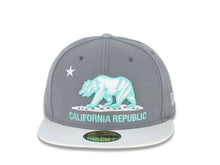 Load image into Gallery viewer, California Republic New Era 59FIFTY 5950 Fitted Cap Hat Storm Gray Crown White Visor Teal/White Logo Cali Bear
