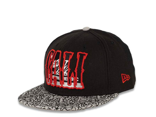 CALI CALIfornia New Era 59FIFTY 5950 Fitted Cap Hat Black Crown Gray/Black Elephant Print Visor White/Black/Gray/Red California Flag Inside CALI Block Logo