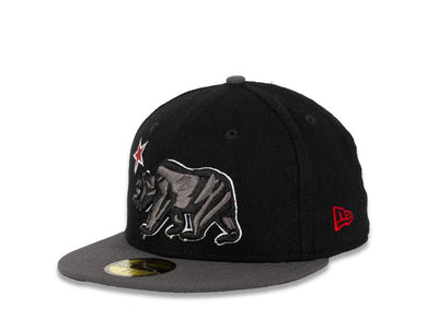 California Republic New Era 59FIFTY 5950 Fitted Cap Hat Black Melton Crown Dark Gray Visor Dark Gray/Black/Red/White Bear with Star Logo