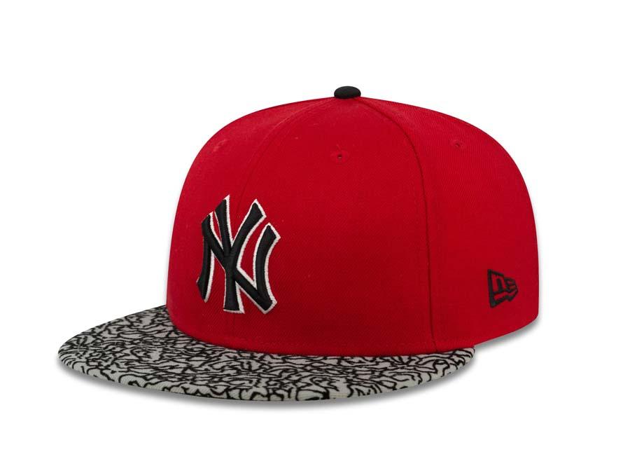 New York Yankees New Era MLB 59FIFTY 5950 Fitted Cap Hat Red Crown Gray Elephant Print Visor Black/White Logo