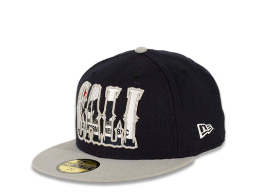CALI CALIfornia New Era 59FIFTY 5950 Fitted Cap Hat Navy Crown Gray Visor Navy/White/Dark Gray/Red California Flag Inside CALI Block Logo