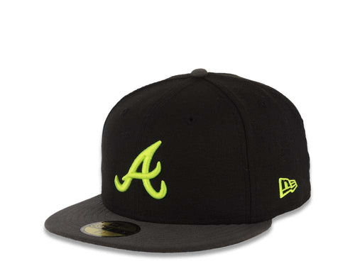 Atlanta Braves New Era MLB 59FIFTY 5950 Fitted Cap Hat Black Crown Dark Gray Visor Neon Yellow Logo