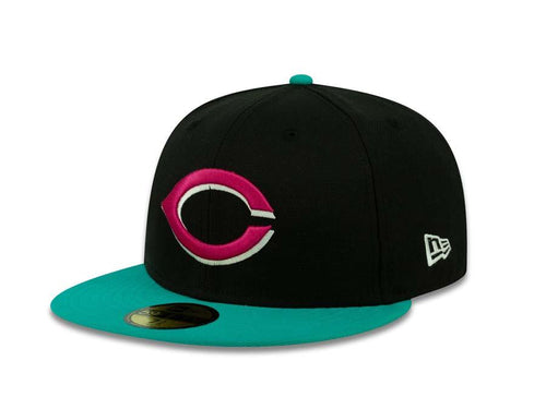Cincinnati Reds New Era 59FIFTY 5950 Fitted Cap Hat Black Crown Teal Visor Magenta/White Logo 