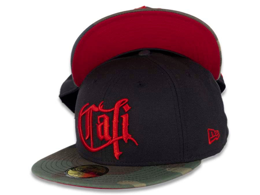 CALI CALIfornia New Era 59FIFTY 5950 Fitted Cap Hat Black Crown Camo Visor Red Old English Script Logo