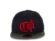 Load image into Gallery viewer, CALI CALIfornia New Era 59FIFTY 5950 Fitted Cap Hat Black Crown Camo Visor Red Old English Script Logo
