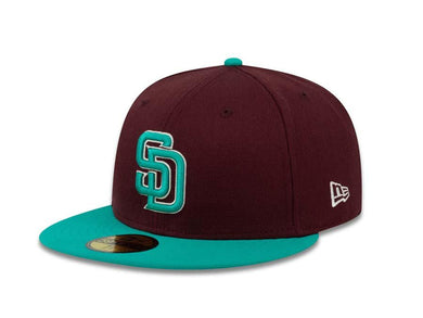 San Diego Padres New Era MLB 59FIFTY 5950 Fitted Cap Hat Maroon Crown Teal Visor Teal/White Logo