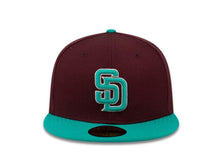 Load image into Gallery viewer, San Diego Padres New Era MLB 59FIFTY 5950 Fitted Cap Hat Maroon Crown Teal Visor Teal/White Logo
