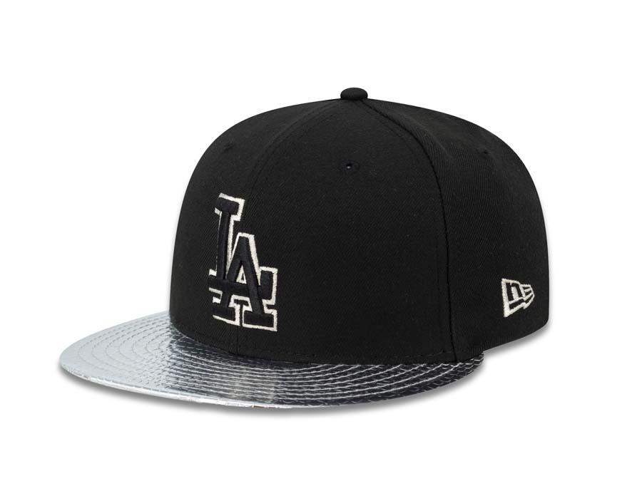 Los Angeles Dodgers New Era MLB 59FIFTY 5950 Fitted Cap Hat Black Crown Metallic Silver Visor Black/White Logo