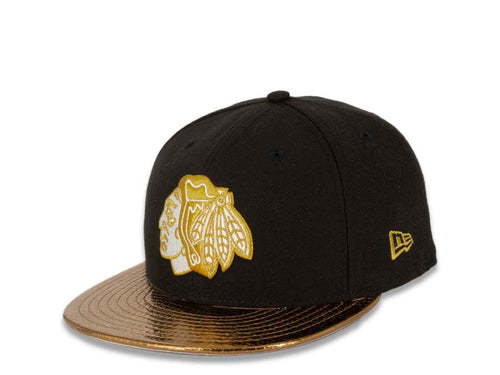 Chicago Blackhawks New Era NHL 59FIFTY 5950 Fitted Slither Cap Hat Black Crown Gold Visor Weat/Gold Logo 