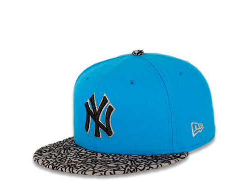 New York Yankees New Era MLB 59FIFTY 5950 Fitted Cap Hat Dark Sky Blue Crown Elephant Print Gray Visor Black/Gray Logo