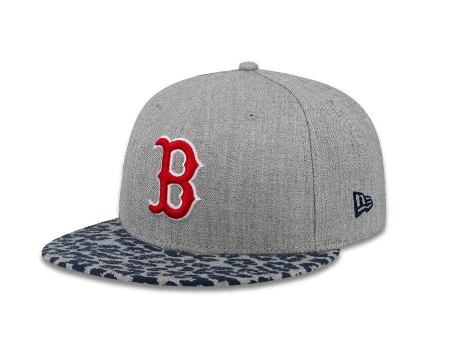 Boston Red Sox New Era MLB 59FIFTY 5950 Fitted Cap Hat Heather Gray Crown Red/White Logo Leopard Vize