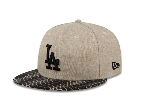 Los Angeles Dodgers New Era MLB 59FIFTY 5950 Fitted Cap Hat Heather Oatmeal Crown Black Visor Black Logo Snake Vizer