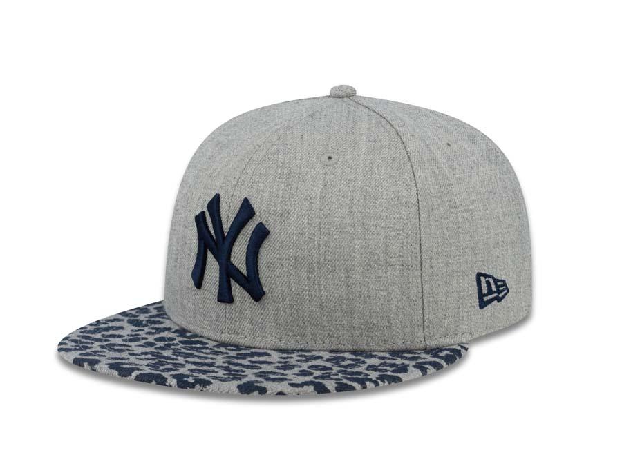 New York Yankees New Era MLB 59FIFTY 5950 Fitted Cap Hat Heather Gray Crown Navy Logo Leopard Vize