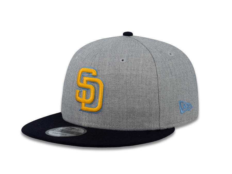 San Diego Padres New Era MLB 9FIFTY 950 Snapback Cap Hat Heather Gray Crown Navy Visor Yellow/Sky Blue Logo