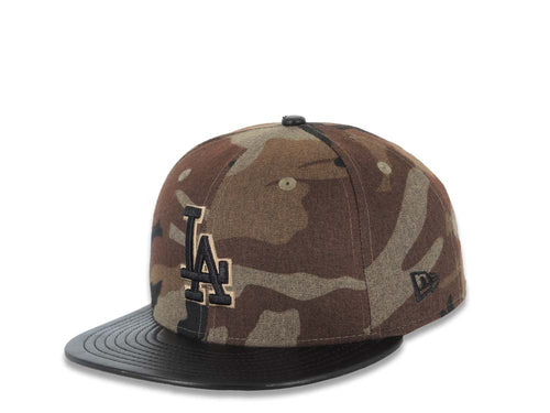 Los Angeles Dodgers New Era MLB 59FIFTY 5950 Fitted Cap Hat Camo Crown Black Leather Visor Black Logo (Wooly Camo)