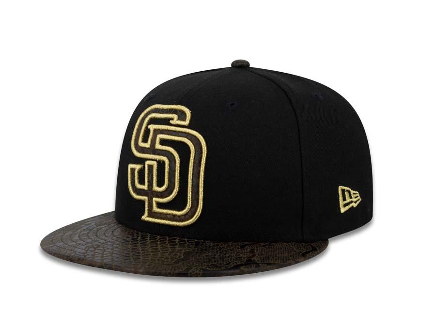 San Diego Padres New Era MLB 59FIFTY 5950 Fitted Cap Hat Black Crown Snake Visor Metallic Gold Logo