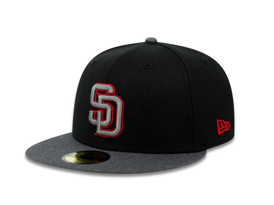 San Diego Padres New Era MLB 59FIFTY 5950 Fitted Cap Hat Black Crown Heather Dark Gray Visor Dark Gray/Red Logo